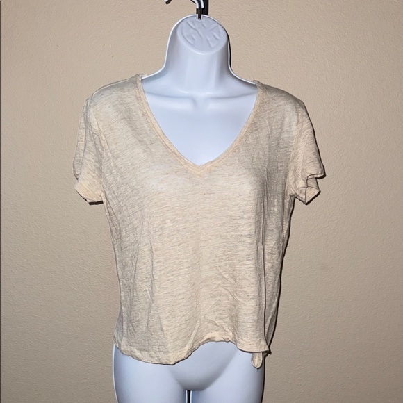 Mng Casual Tops - MNG Cream V-Neck Short Sleeve 100% Linen Tee Shirt Women’s Size 8